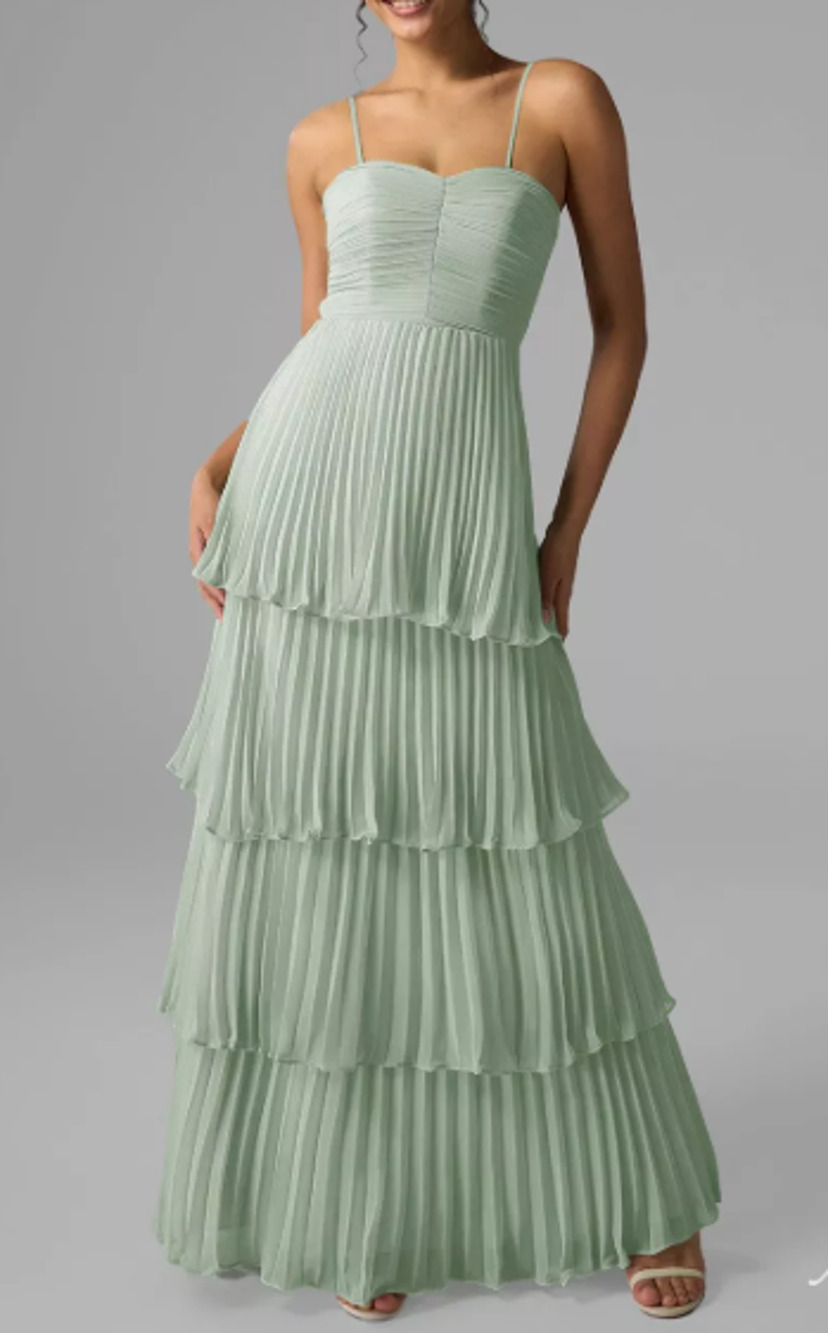 AW BRIDAL 10 L sage green chiffon tiered Ann formal gala maxi dress NEW 0b6